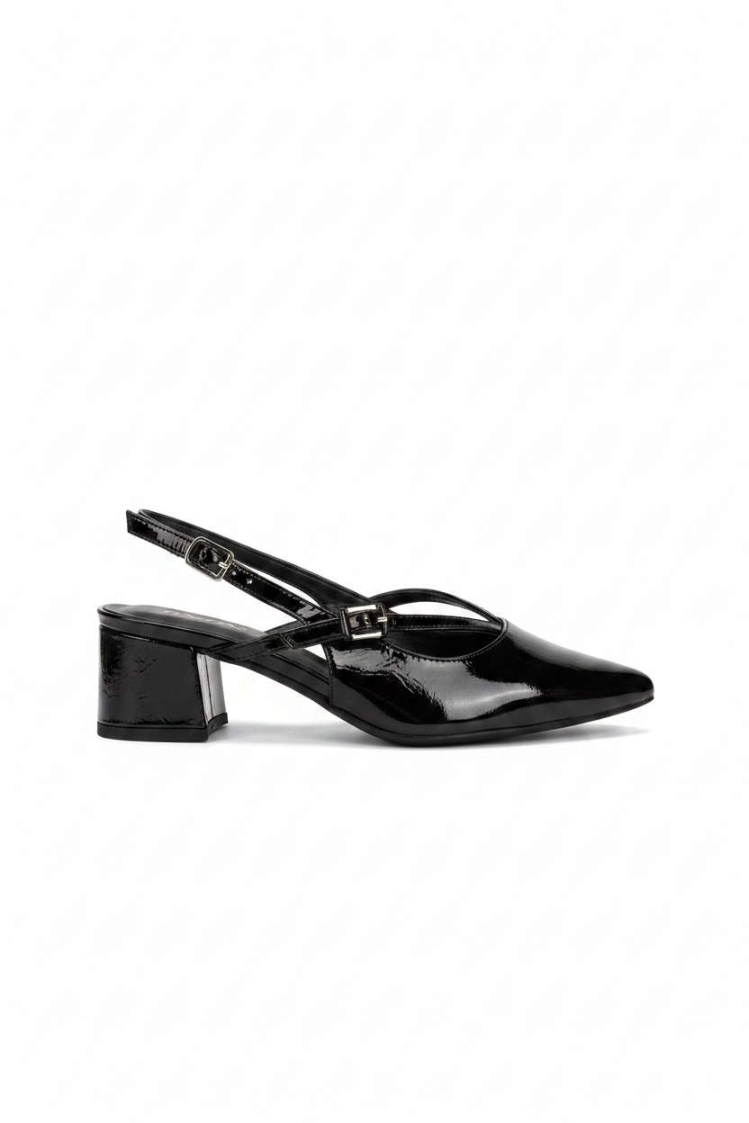 Tacones Negro Charol 15085 Tacón Medio Punta Fina Slingback Zoé Brand Costa Rica