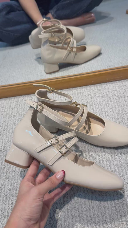Tacones Beige Charol 14312 Doble Correa con Hebillas Mary Jane Casual Zoé Brand Costa Rica