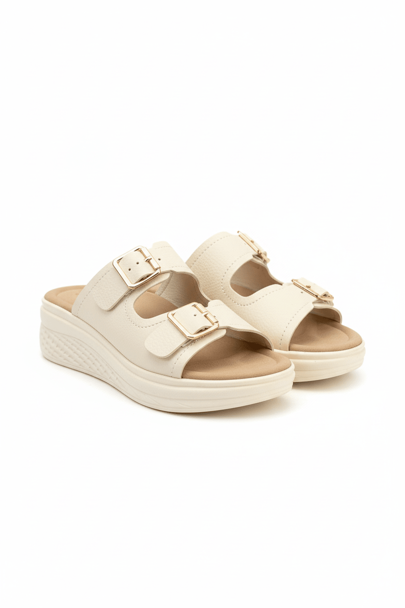 Sandalias Blanco Cuña 14367 Doble Correa con Hebillas Casual Zoé Brand Costa Rica
