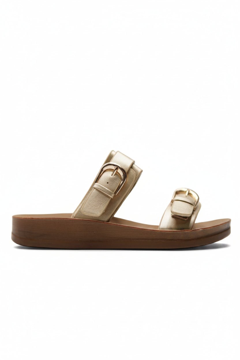 Sandalias Dorado Plataforma Flat 14806 Doble Correa Hebillas Casual de mujer Zoé Brand Costa Rica